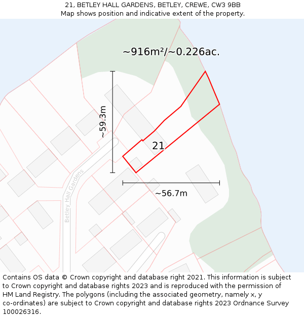 21, BETLEY HALL GARDENS, BETLEY, CREWE, CW3 9BB: Plot and title map