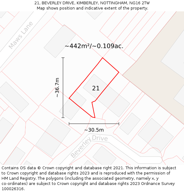 21, BEVERLEY DRIVE, KIMBERLEY, NOTTINGHAM, NG16 2TW: Plot and title map