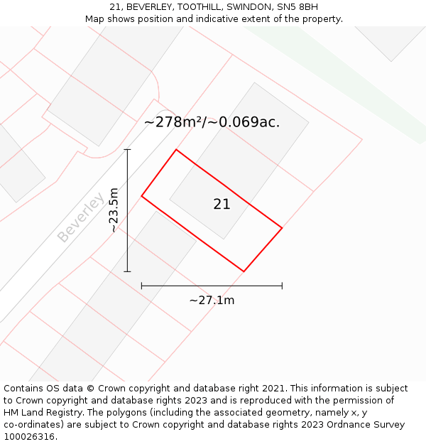 21, BEVERLEY, TOOTHILL, SWINDON, SN5 8BH: Plot and title map