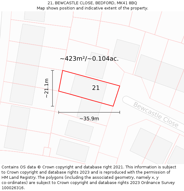 21, BEWCASTLE CLOSE, BEDFORD, MK41 8BQ: Plot and title map