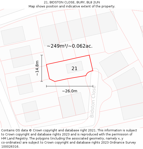 21, BIDSTON CLOSE, BURY, BL8 2UN: Plot and title map