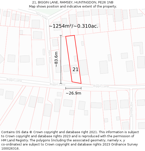 21, BIGGIN LANE, RAMSEY, HUNTINGDON, PE26 1NB: Plot and title map