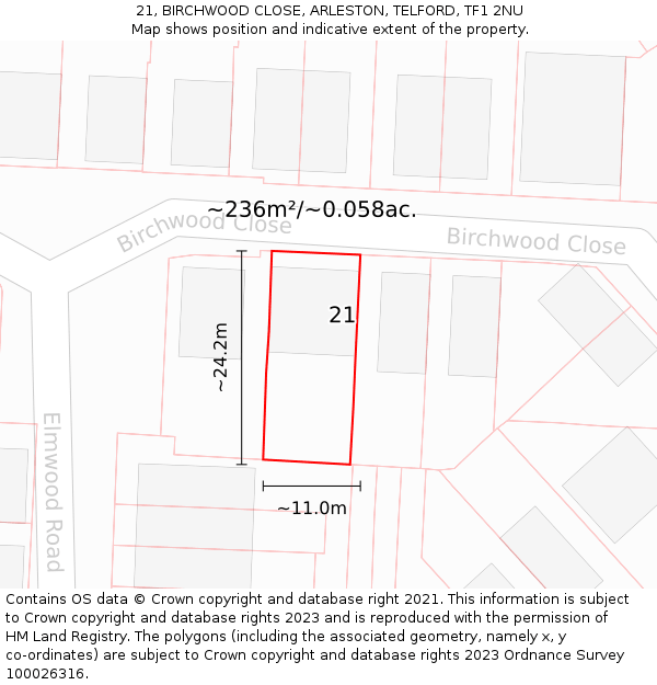 21, BIRCHWOOD CLOSE, ARLESTON, TELFORD, TF1 2NU: Plot and title map