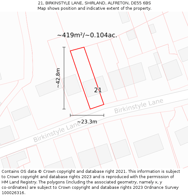 21, BIRKINSTYLE LANE, SHIRLAND, ALFRETON, DE55 6BS: Plot and title map