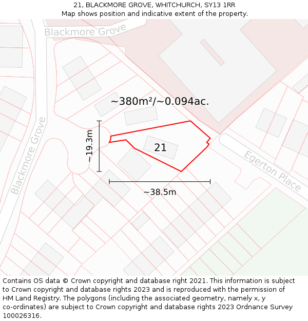 21, BLACKMORE GROVE, WHITCHURCH, SY13 1RR: Plot and title map