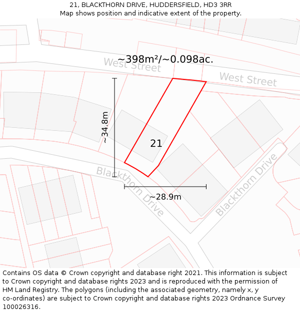 21, BLACKTHORN DRIVE, HUDDERSFIELD, HD3 3RR: Plot and title map