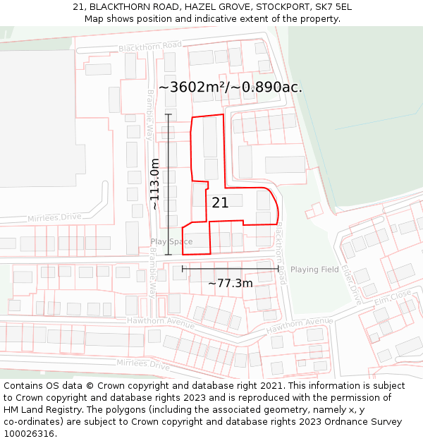 21, BLACKTHORN ROAD, HAZEL GROVE, STOCKPORT, SK7 5EL: Plot and title map