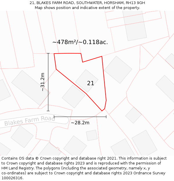 21, BLAKES FARM ROAD, SOUTHWATER, HORSHAM, RH13 9GH: Plot and title map