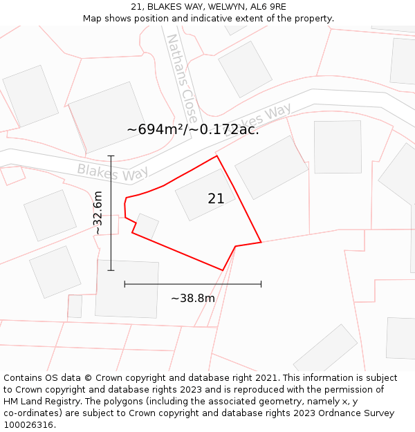 21, BLAKES WAY, WELWYN, AL6 9RE: Plot and title map