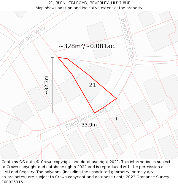 21, BLENHEIM ROAD, BEVERLEY, HU17 8UF: Plot and title map