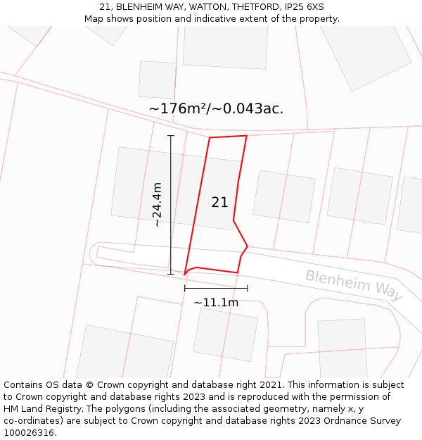 21, BLENHEIM WAY, WATTON, THETFORD, IP25 6XS: Plot and title map