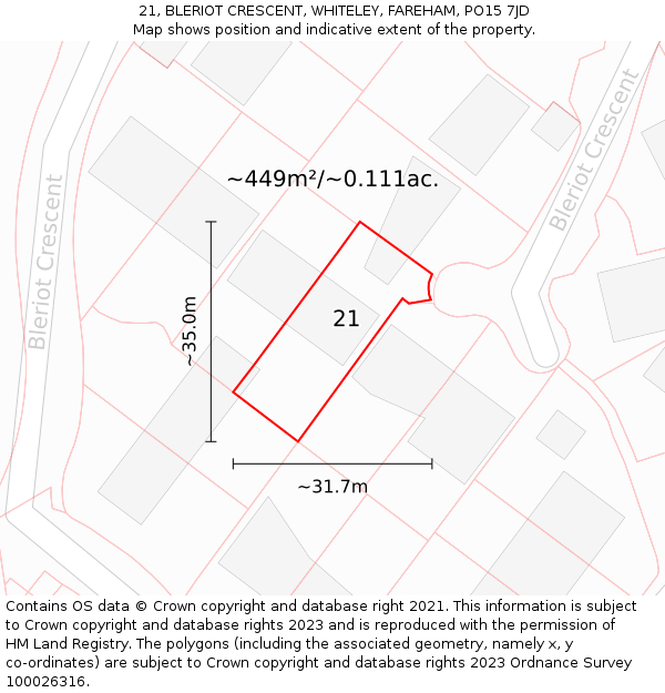 21, BLERIOT CRESCENT, WHITELEY, FAREHAM, PO15 7JD: Plot and title map