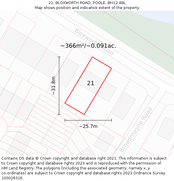 21, BLOXWORTH ROAD, POOLE, BH12 4BL: Plot and title map