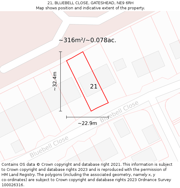 21, BLUEBELL CLOSE, GATESHEAD, NE9 6RH: Plot and title map