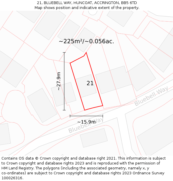 21, BLUEBELL WAY, HUNCOAT, ACCRINGTON, BB5 6TD: Plot and title map