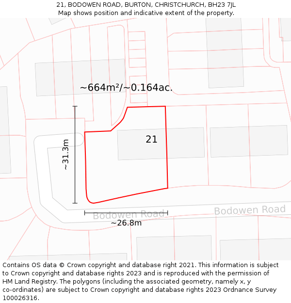 21, BODOWEN ROAD, BURTON, CHRISTCHURCH, BH23 7JL: Plot and title map