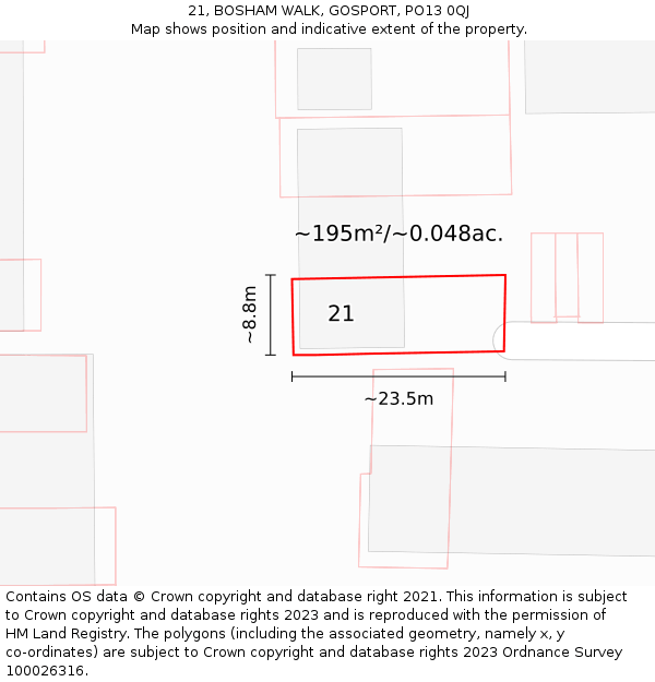 21, BOSHAM WALK, GOSPORT, PO13 0QJ: Plot and title map