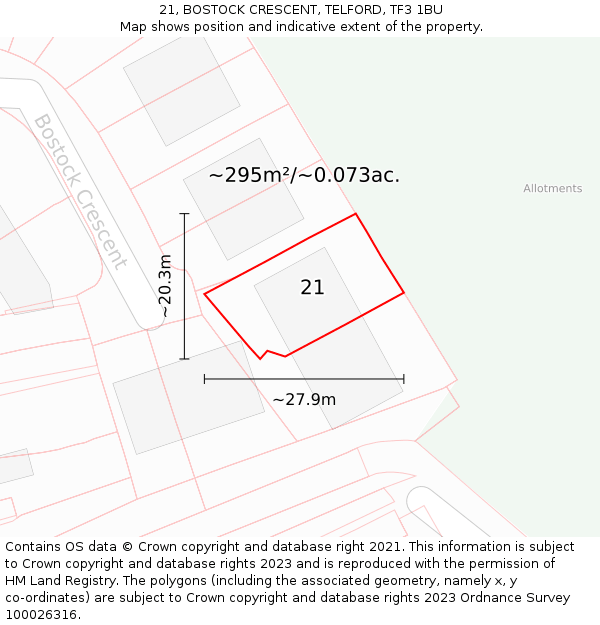 21, BOSTOCK CRESCENT, TELFORD, TF3 1BU: Plot and title map