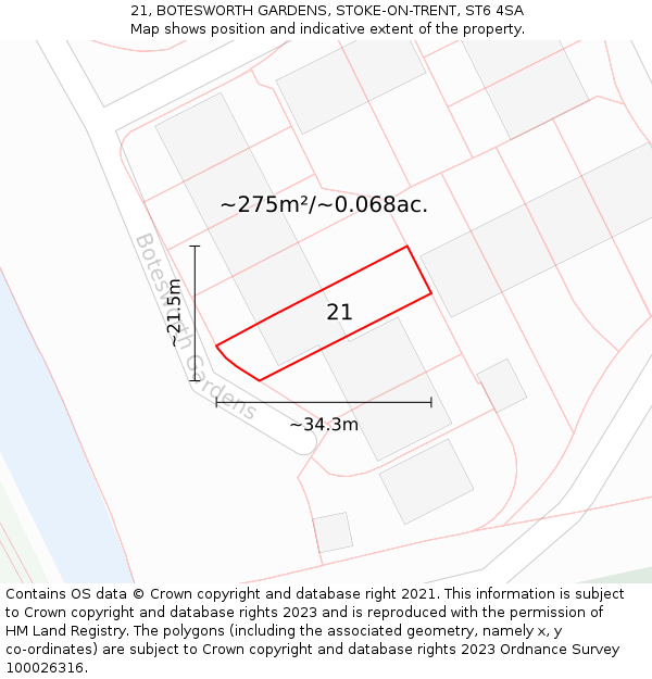 21, BOTESWORTH GARDENS, STOKE-ON-TRENT, ST6 4SA: Plot and title map