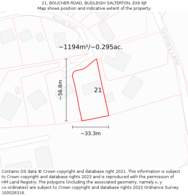 21, BOUCHER ROAD, BUDLEIGH SALTERTON, EX9 6JF: Plot and title map