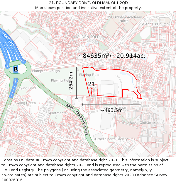 21, BOUNDARY DRIVE, OLDHAM, OL1 2QD: Plot and title map