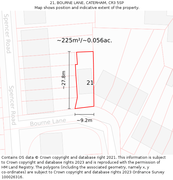 21, BOURNE LANE, CATERHAM, CR3 5SP: Plot and title map