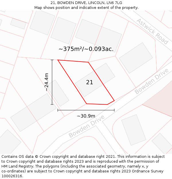 21, BOWDEN DRIVE, LINCOLN, LN6 7LG: Plot and title map