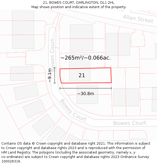 21, BOWES COURT, DARLINGTON, DL1 2HL: Plot and title map