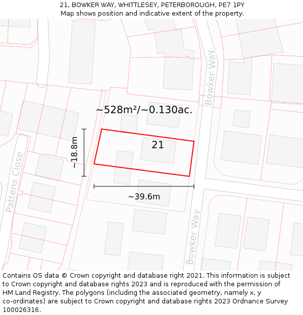 21, BOWKER WAY, WHITTLESEY, PETERBOROUGH, PE7 1PY: Plot and title map