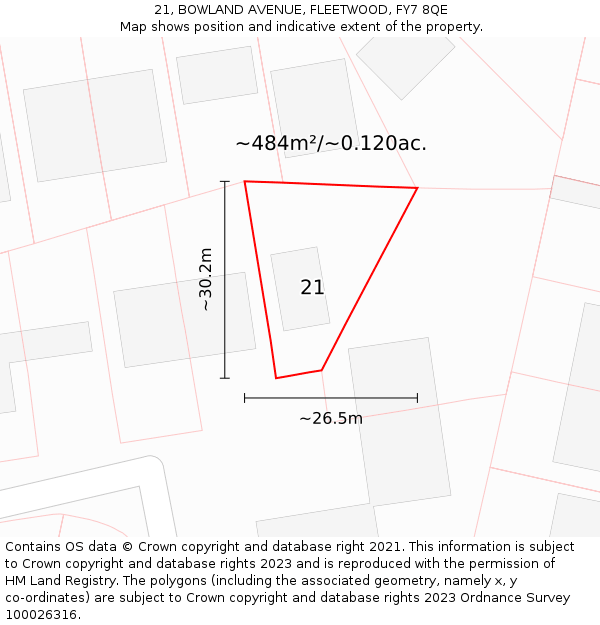 21, BOWLAND AVENUE, FLEETWOOD, FY7 8QE: Plot and title map