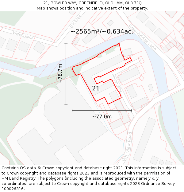 21, BOWLER WAY, GREENFIELD, OLDHAM, OL3 7FQ: Plot and title map