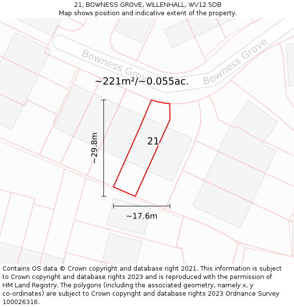 21, BOWNESS GROVE, WILLENHALL, WV12 5DB: Plot and title map