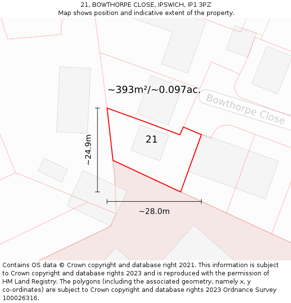 21, BOWTHORPE CLOSE, IPSWICH, IP1 3PZ: Plot and title map