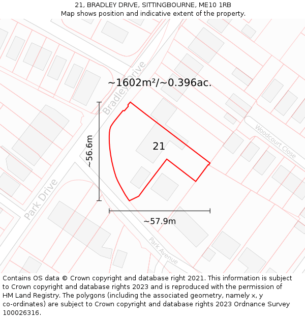 21, BRADLEY DRIVE, SITTINGBOURNE, ME10 1RB: Plot and title map