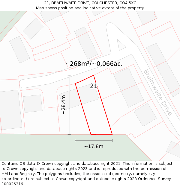 21, BRAITHWAITE DRIVE, COLCHESTER, CO4 5XG: Plot and title map