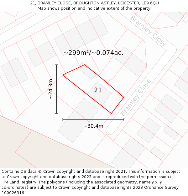 21, BRAMLEY CLOSE, BROUGHTON ASTLEY, LEICESTER, LE9 6QU: Plot and title map