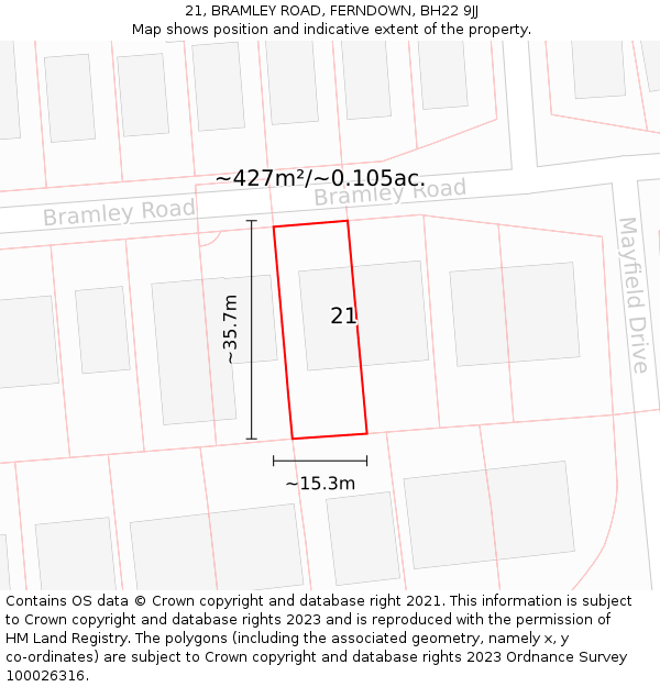 21, BRAMLEY ROAD, FERNDOWN, BH22 9JJ: Plot and title map
