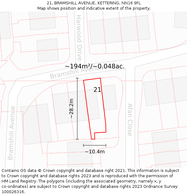 21, BRAMSHILL AVENUE, KETTERING, NN16 9FL: Plot and title map