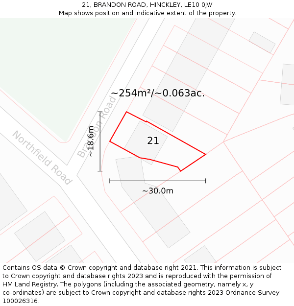 21, BRANDON ROAD, HINCKLEY, LE10 0JW: Plot and title map