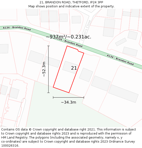 21, BRANDON ROAD, THETFORD, IP24 3PP: Plot and title map