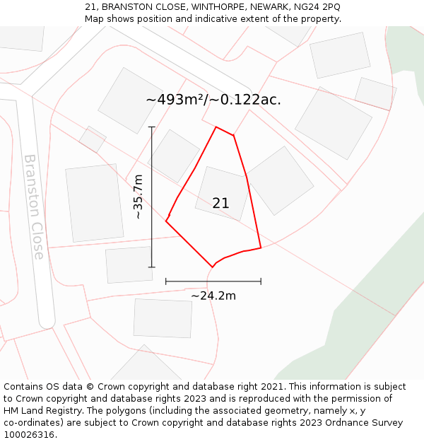 21, BRANSTON CLOSE, WINTHORPE, NEWARK, NG24 2PQ: Plot and title map