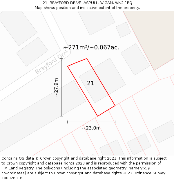 21, BRAYFORD DRIVE, ASPULL, WIGAN, WN2 1RQ: Plot and title map