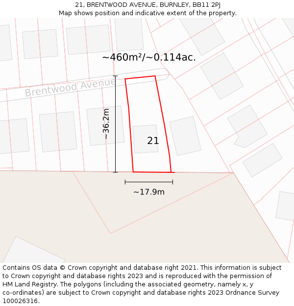 21, BRENTWOOD AVENUE, BURNLEY, BB11 2PJ: Plot and title map