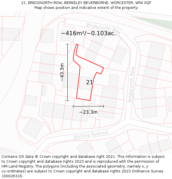 21, BRIDGNORTH ROW, BERKELEY BEVERBORNE, WORCESTER, WR4 0QF: Plot and title map