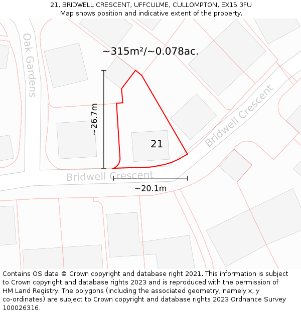 21, BRIDWELL CRESCENT, UFFCULME, CULLOMPTON, EX15 3FU: Plot and title map