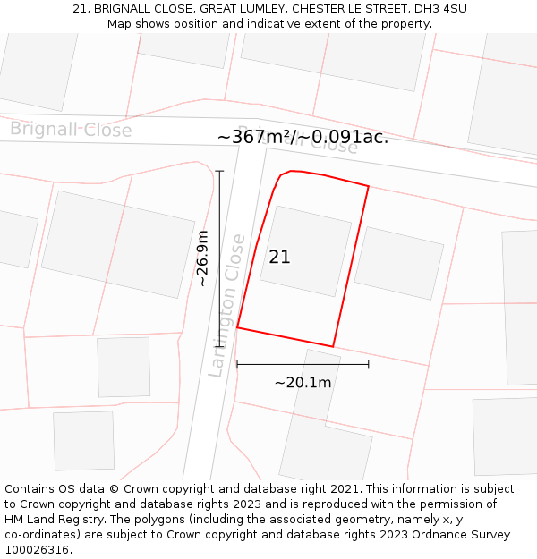 21, BRIGNALL CLOSE, GREAT LUMLEY, CHESTER LE STREET, DH3 4SU: Plot and title map