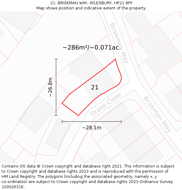 21, BRISKMAN WAY, AYLESBURY, HP21 8FP: Plot and title map