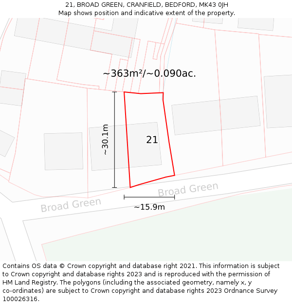 21, BROAD GREEN, CRANFIELD, BEDFORD, MK43 0JH: Plot and title map