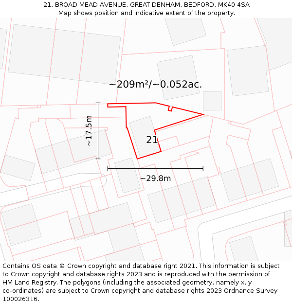 21, BROAD MEAD AVENUE, GREAT DENHAM, BEDFORD, MK40 4SA: Plot and title map