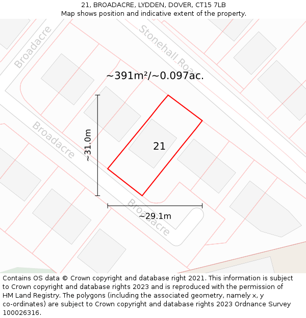 21, BROADACRE, LYDDEN, DOVER, CT15 7LB: Plot and title map